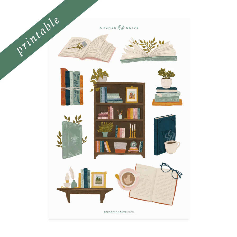 Books & Flowers Printable Stickers